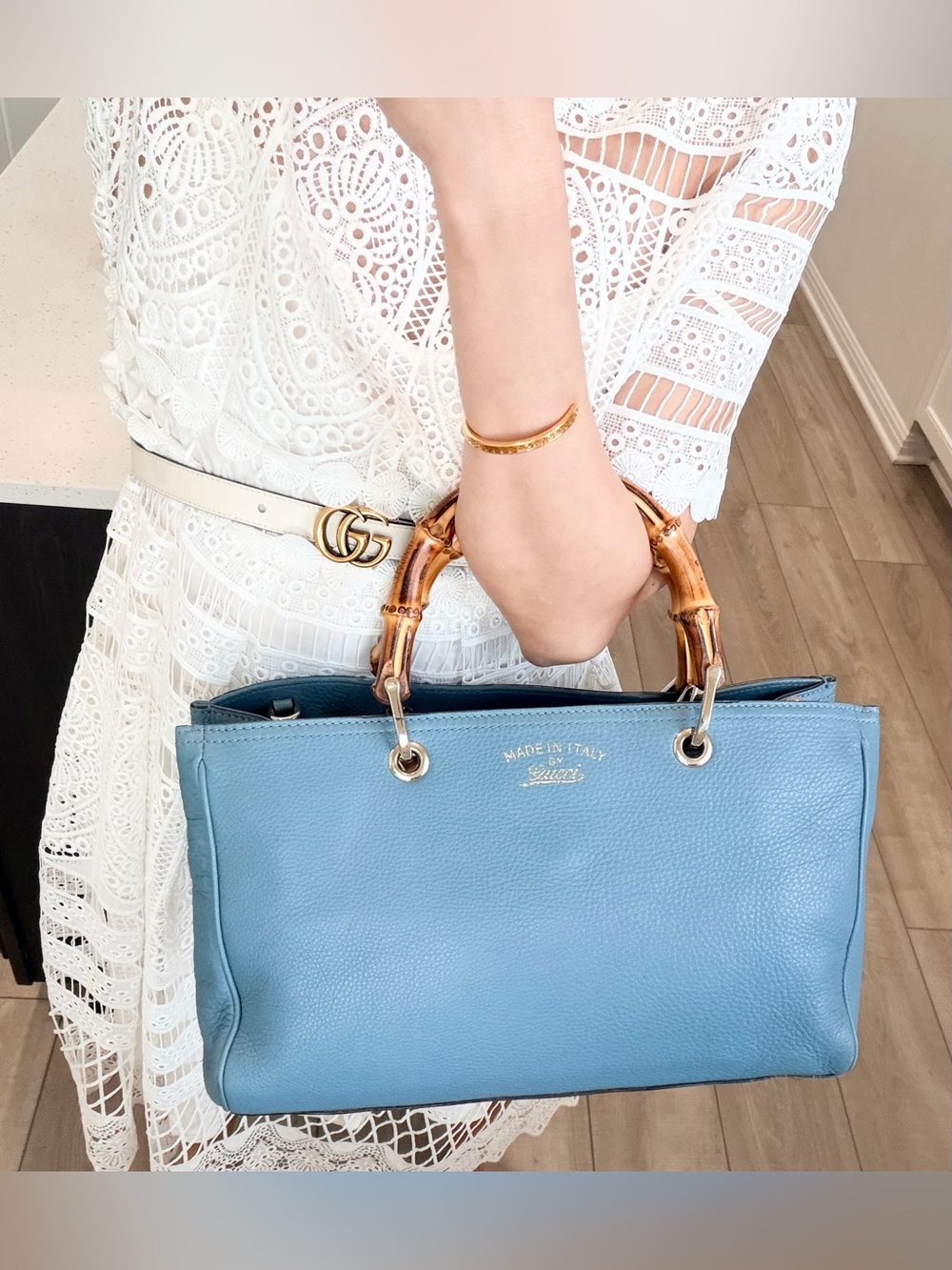 Authentic Gucci Medium Bamboo Blue Shopper Tote w/ Non-Branded Strap